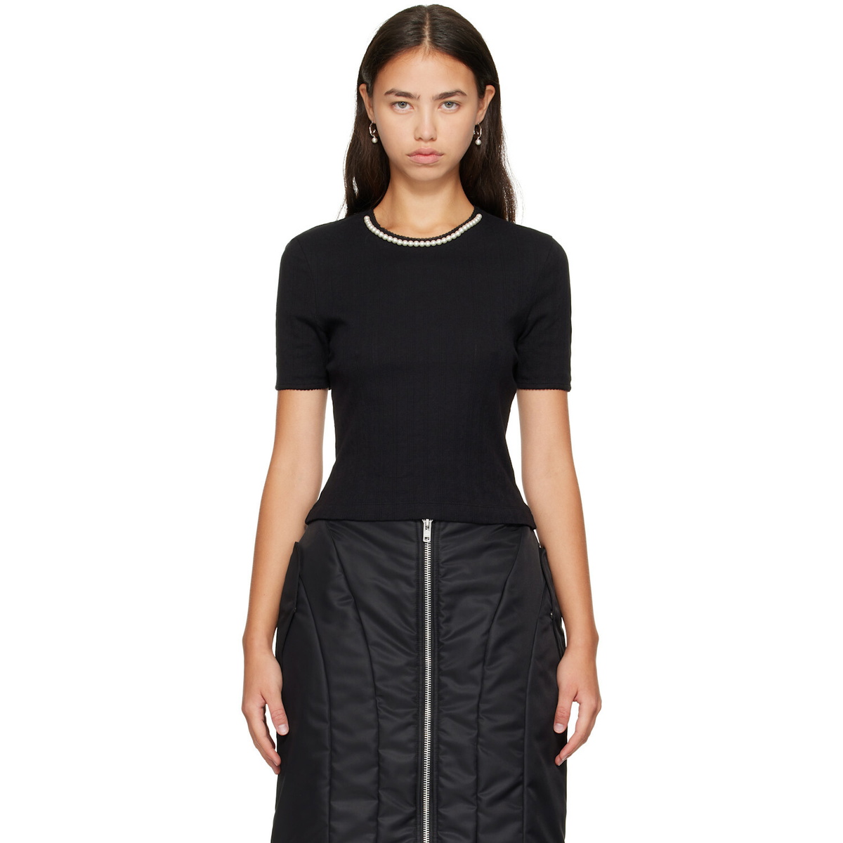 Simone Rocha Black Embellished Cropped Pointelle T-shirt