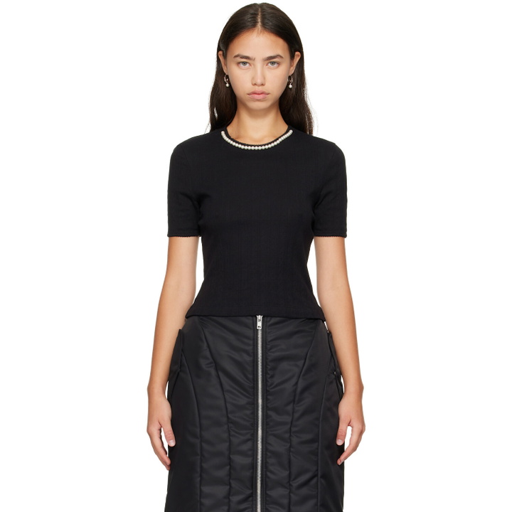 Photo: Simone Rocha Black Embellished Cropped Pointelle T-shirt