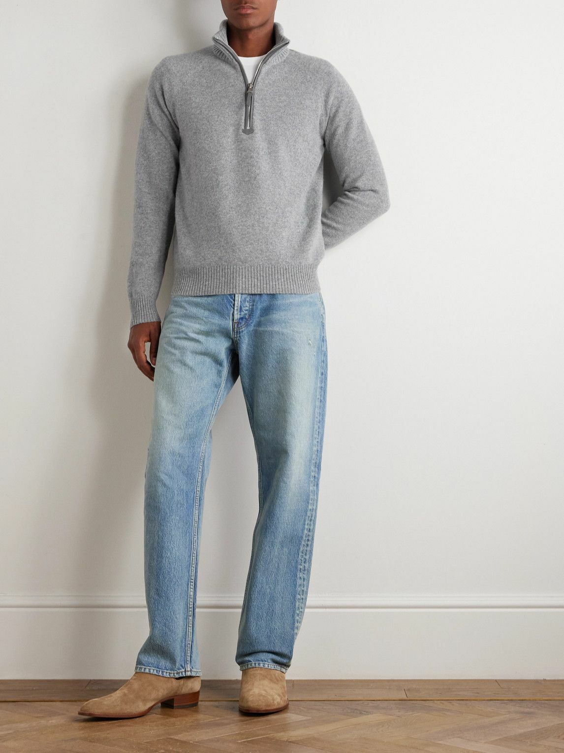 TOM FORD - Leather-Trimmed Wool and Cashmere-Blend Half-Zip Rollneck Sweater - Gray