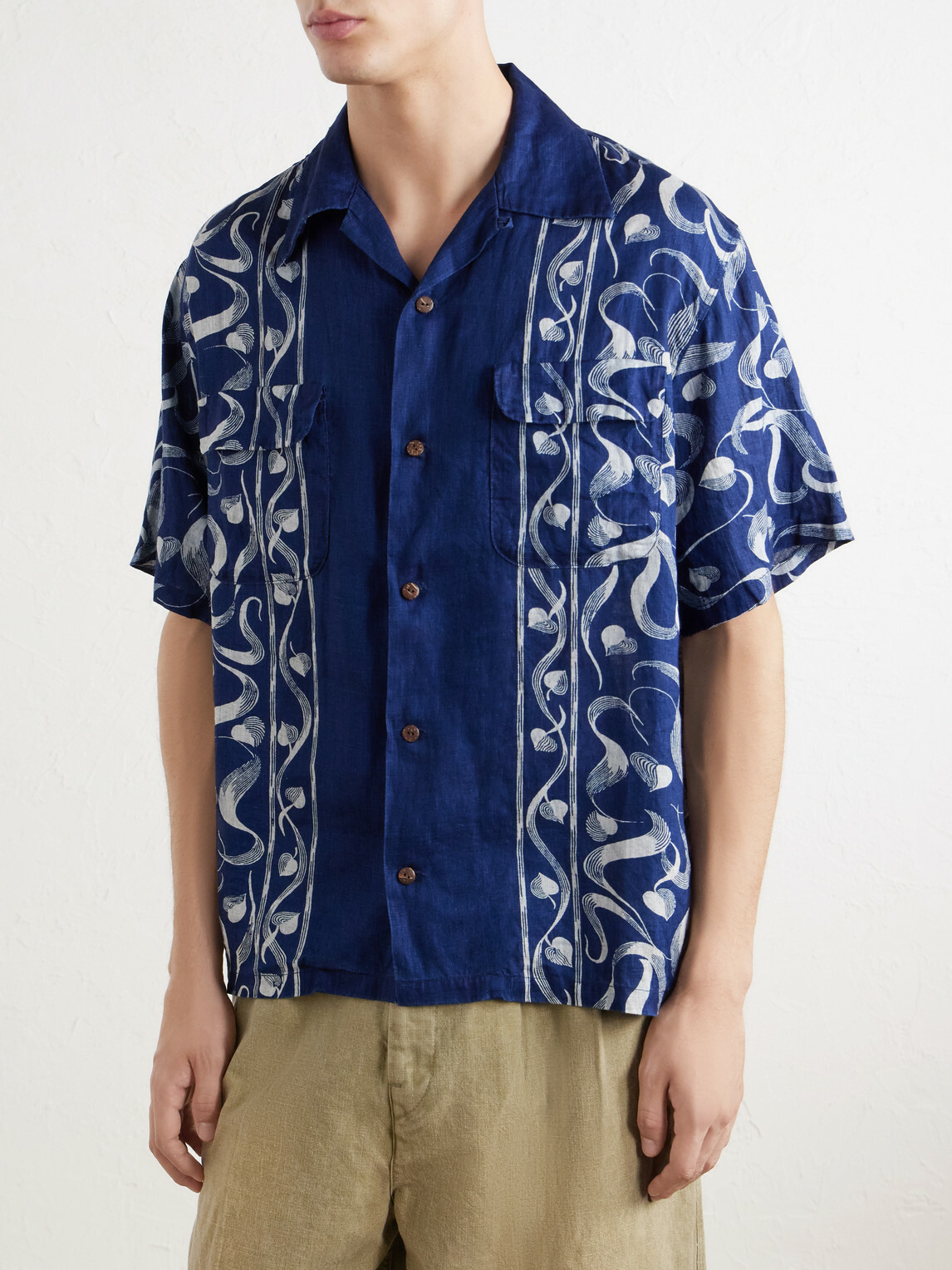 KAPITAL - Okura Camp-Collar Printed Linen Shirt - Blue