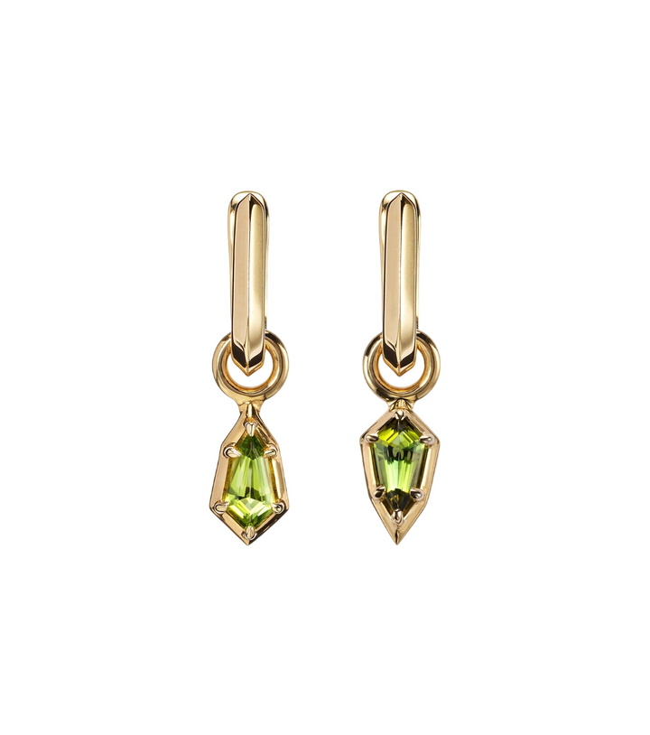 Photo: Stone and Strand Knife Edge Shield 14kt gold hoop earrings with green tourmaline