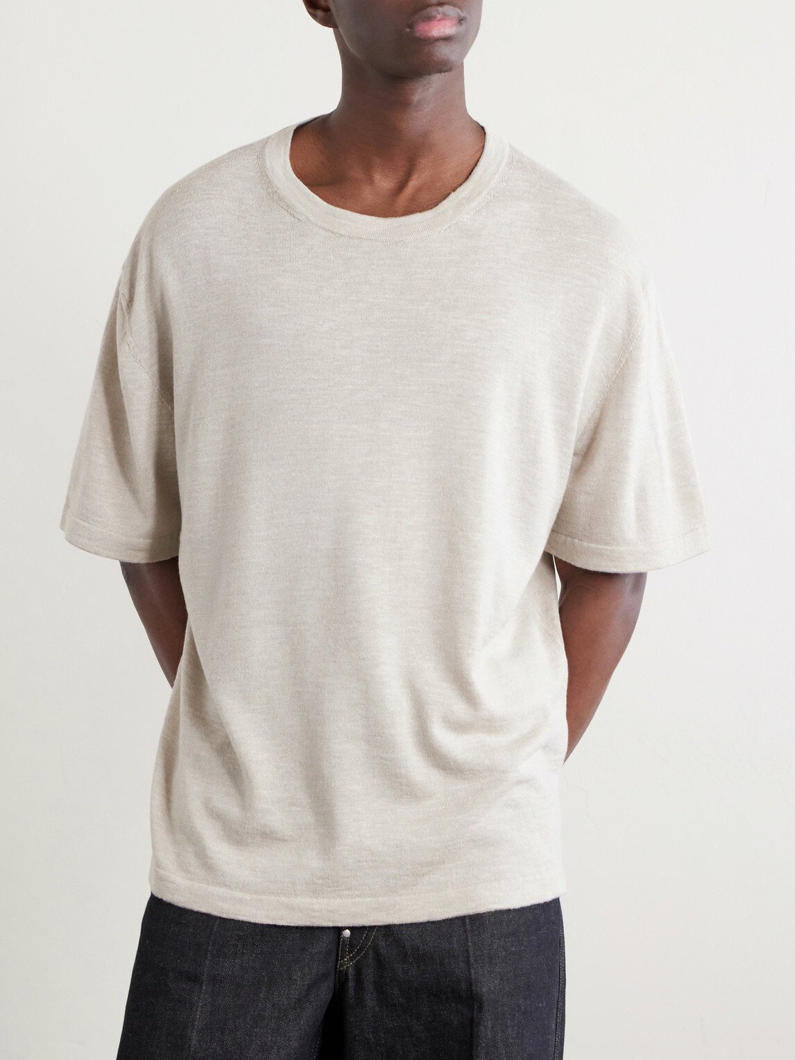 The Elder Statesman - Lenny Ribbed Wool, Silk and Linen-Blend T-Shirt - Neutrals