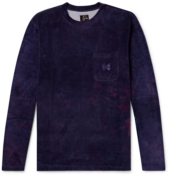 Photo: Needles - Logo-Embroidered Tie-Dyed Cotton-Blend Velour T-Shirt - Purple