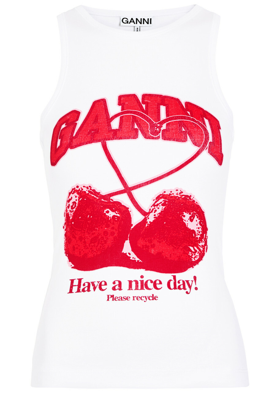 Ganni Cherry Printed Cotton Tank top White