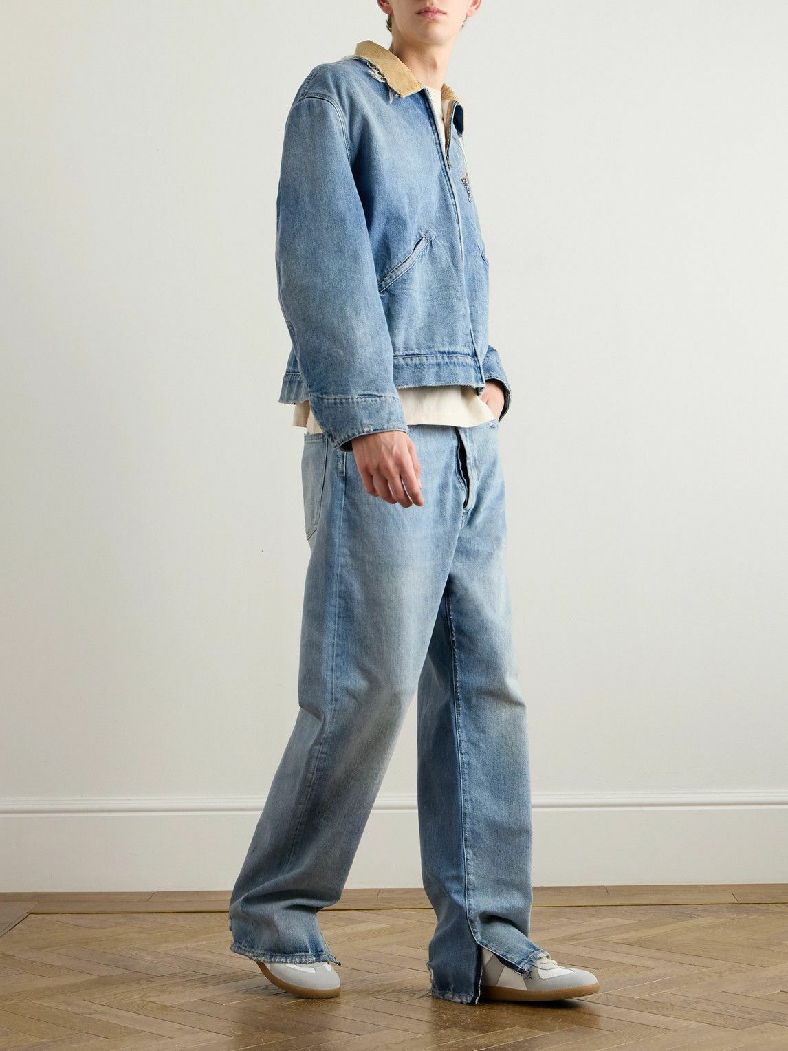 Maison Margiela - Distressed Corduroy-Trimmed Denim Jacket - Blue