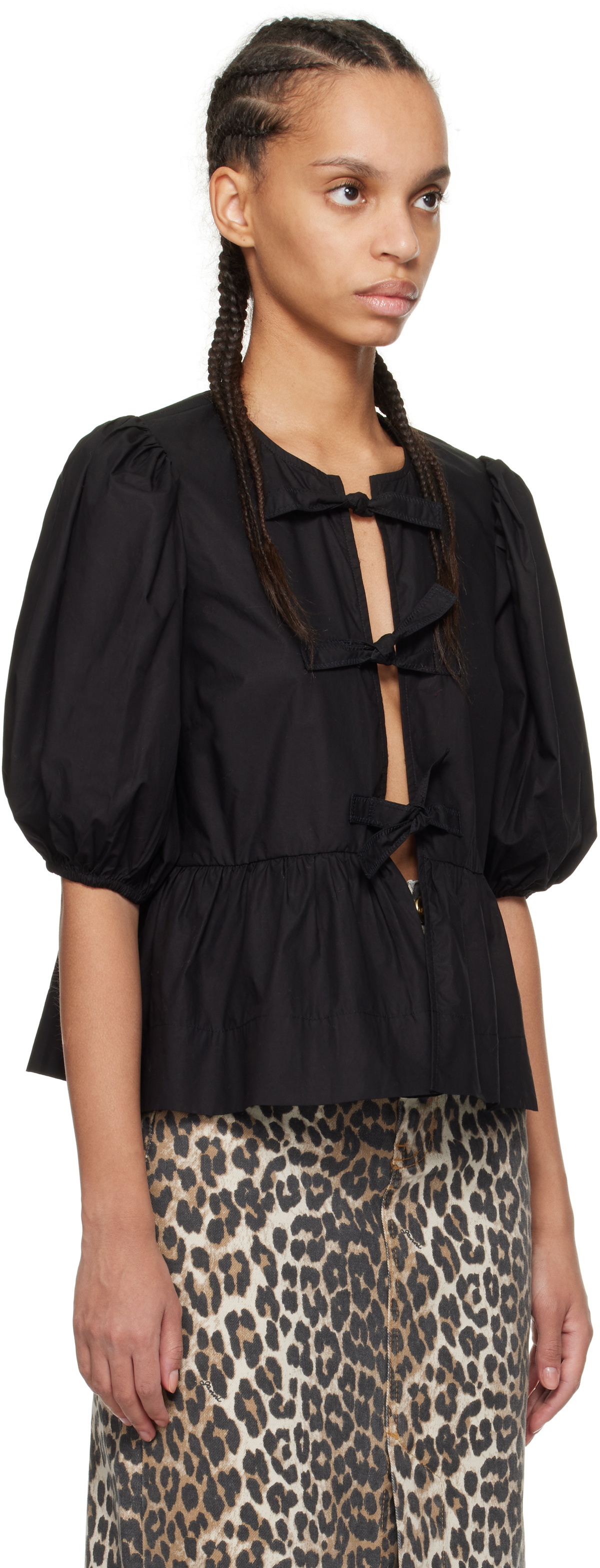 GANNI Black Cotton Poplin Peplum Tie Blouse GANNI