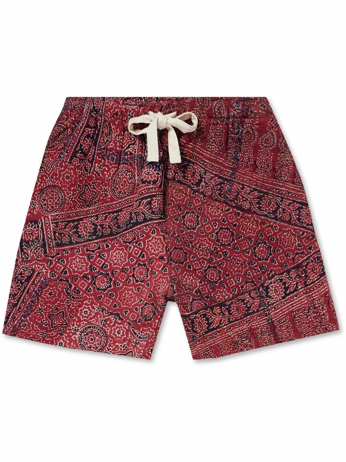 Photo: Kartik Research - Ajrakh Printed Cotton Drawstring Shorts - Red