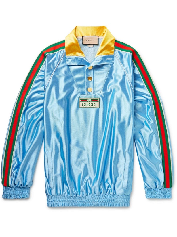 Photo: Gucci - Slim-Fit Logo-Appliquéd Webbing-Trimmed Satin-Jersey Track Jacket - Blue