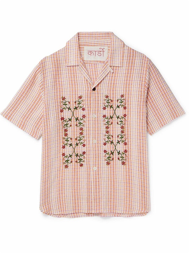 Photo: Kardo - Craft Ronen Convertible-Collar Embroidered Gingham Cotton Shirt - Pink