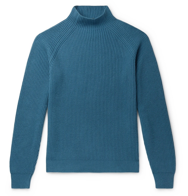 Photo: Loro Piana - Ribbed Baby Cashmere Mock-Neck Sweater - Blue