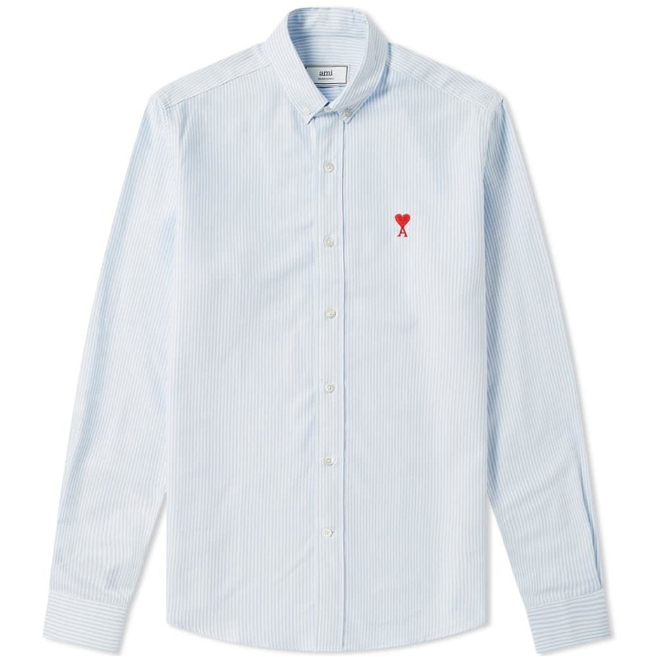 Photo: AMI Embroidered Heart Striped Oxford Button Down Shirt Blue & White