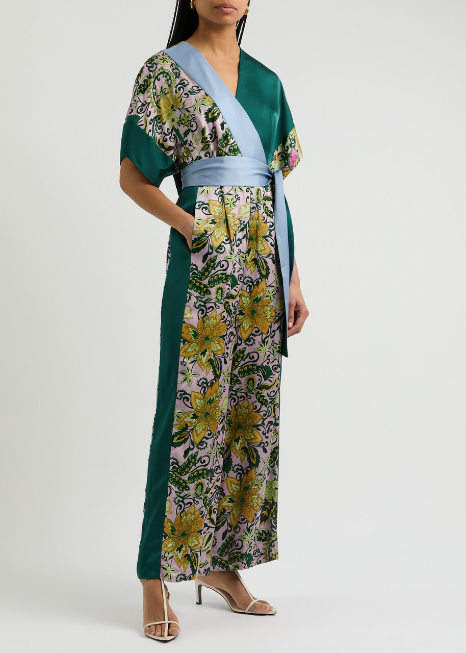 Diane Von Furstenberg Rinna Patchwork Satin Jumpsuit Green