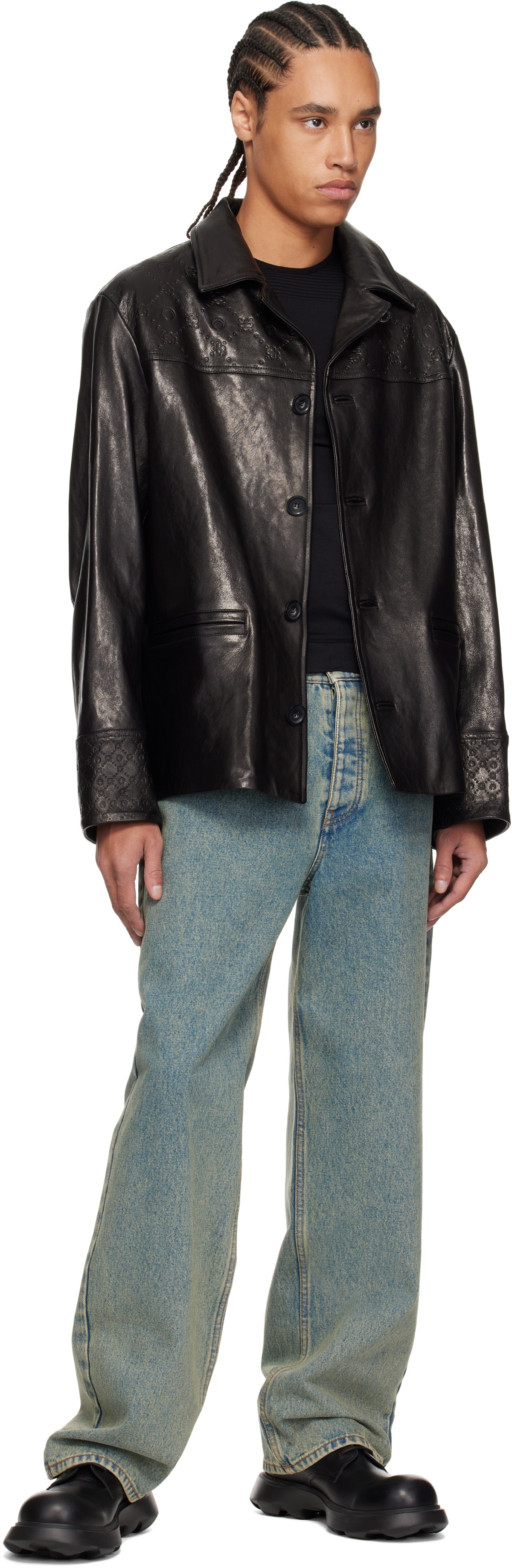 Marine Serre Black Monogram Embossed Boxy Leather Jacket