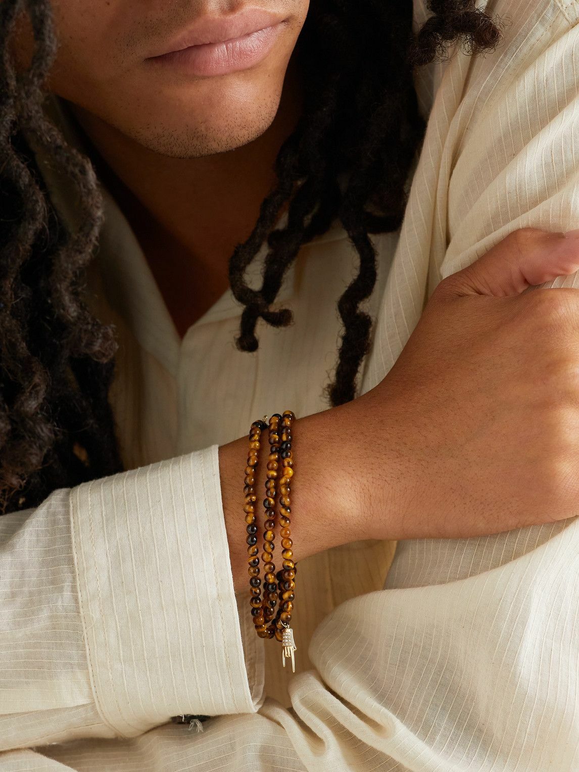 Sydney Evan - Small Mano Cornuto Gold, Tiger's Eye and Diamond Beaded Bracelet