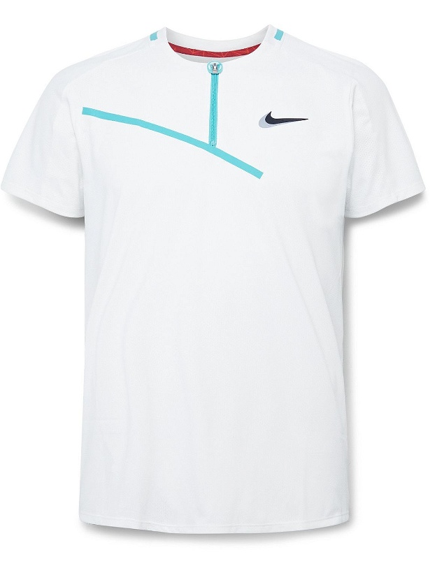 Photo: Nike Tennis - NikeCourt Slam Slim-Fit Recycled Dri-FIT Mesh Half-Zip Tennis Shirt - White