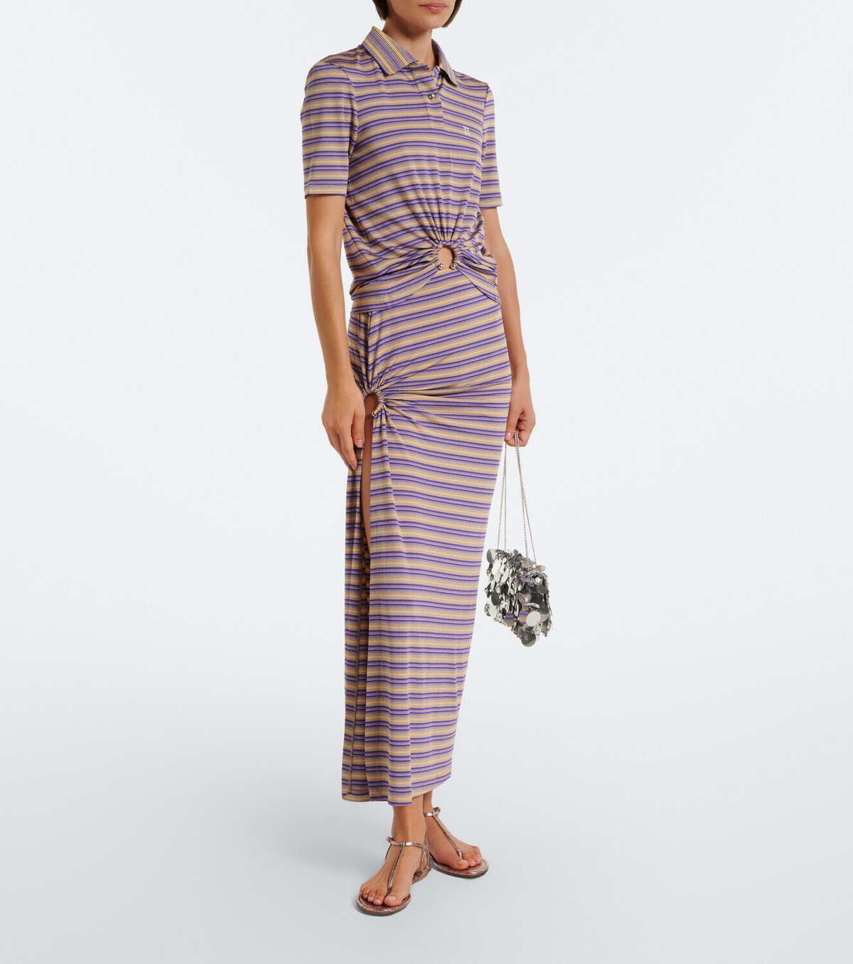 Rabanne Cutout gathered striped crêpe midi skirt