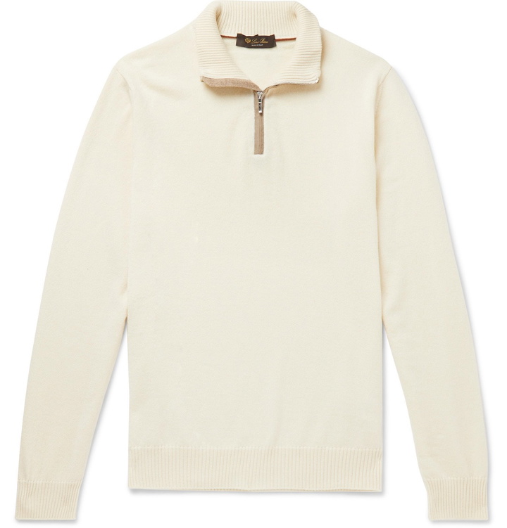 Photo: Loro Piana - Suede-Trimmed Cashmere Half-Zip Sweater - Neutrals