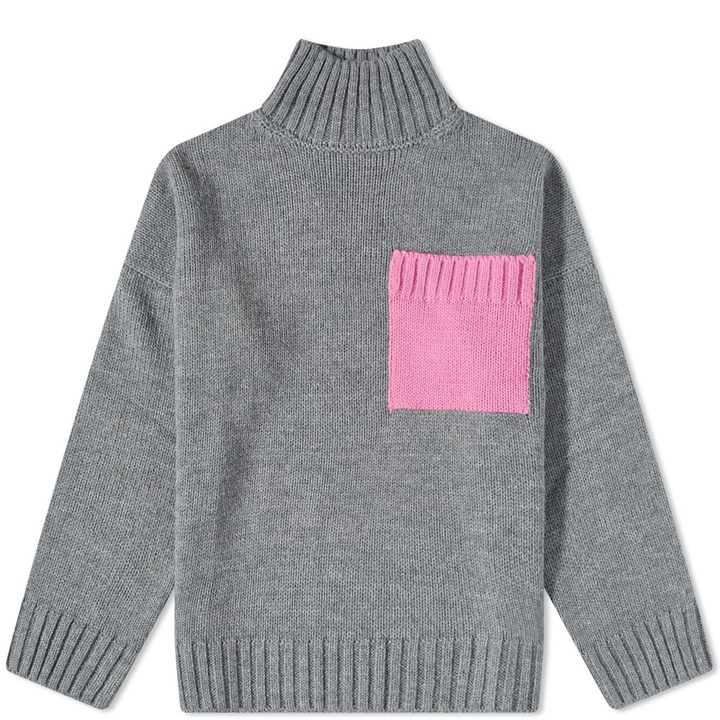 Photo: JW Anderson Men's Patch Pocket Turtleneck Jumper in Grey Melange/Pink