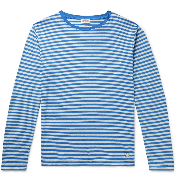 Photo: Armor Lux - Striped Slub Cotton and Linen-Blend T-Shirt - Blue