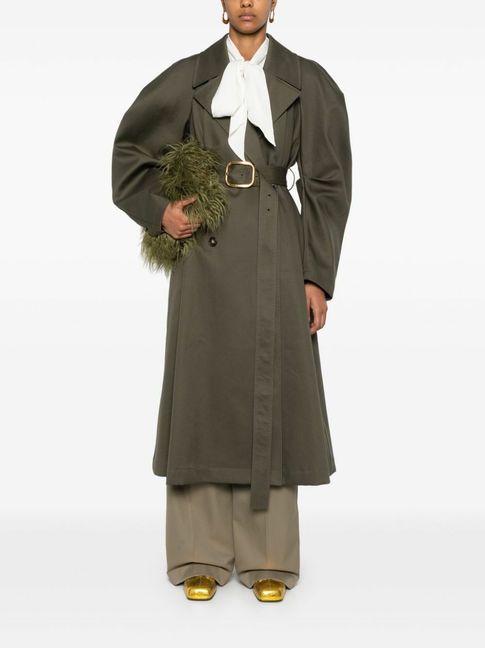 Bright Red Loewe Leather Trench Coat with Navy Blue Waist and Mod Gold Buttons