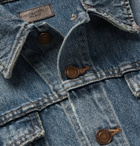Saint Laurent - Slim-Fit Bandana-Trimmed Distressed Denim Jacket - Blue