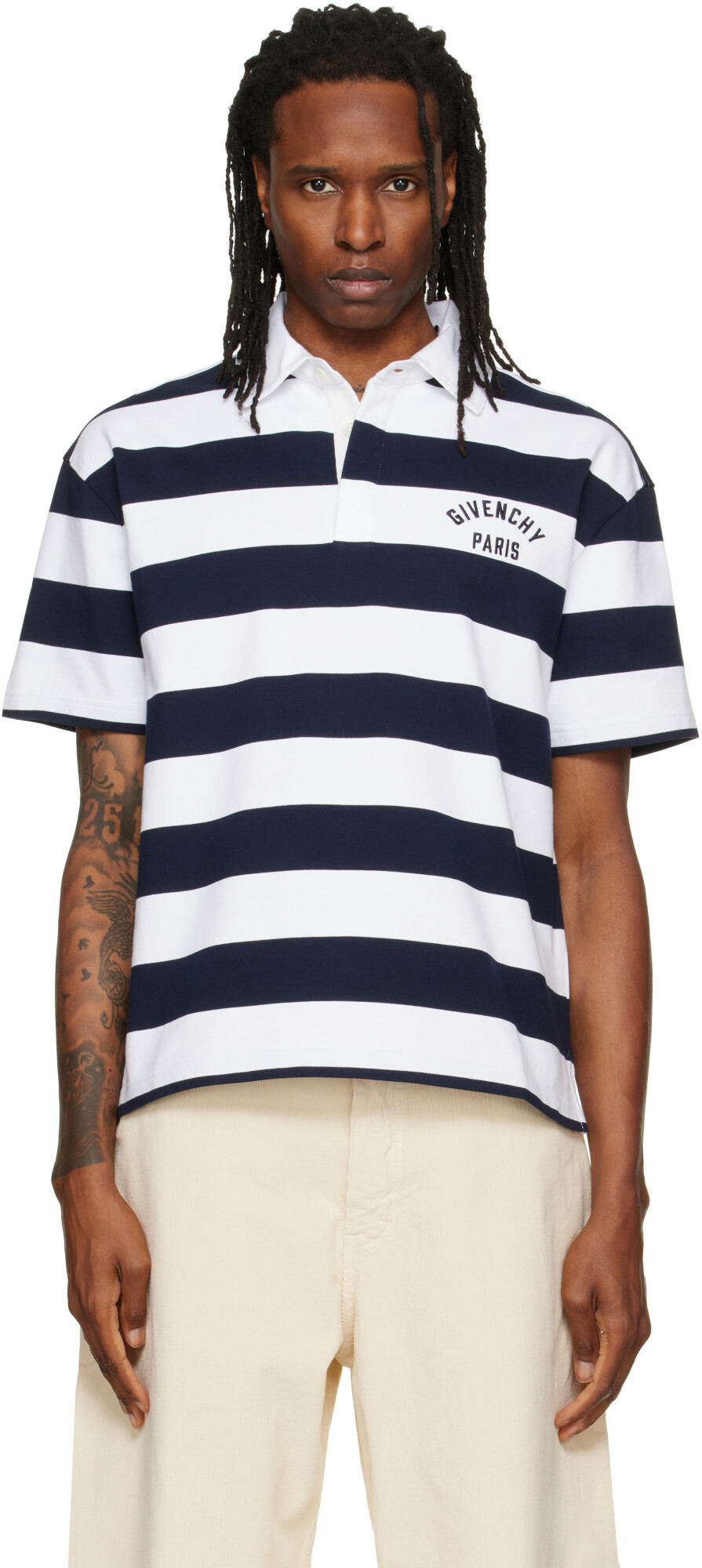 Givenchy White & Navy Striped 'Givenchy Paris' Embroidery Polo