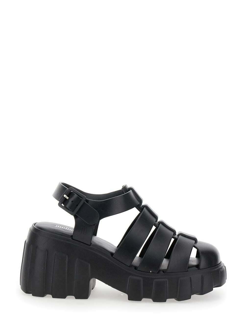 Melissa megan Black Sandals With Adjustable Buckle Closure And Cage Design In Tech Fabric Woman