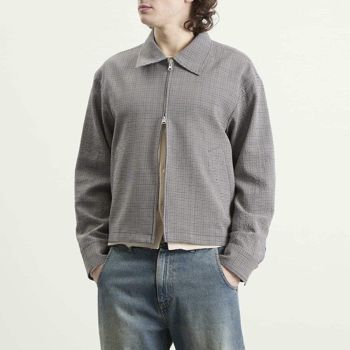 mfpen Men's Check Cropped Mail Jacket in Taupe