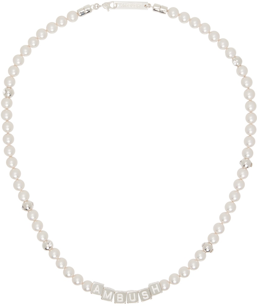 AMBUSH Silver & White Pearl Letterblock Necklace