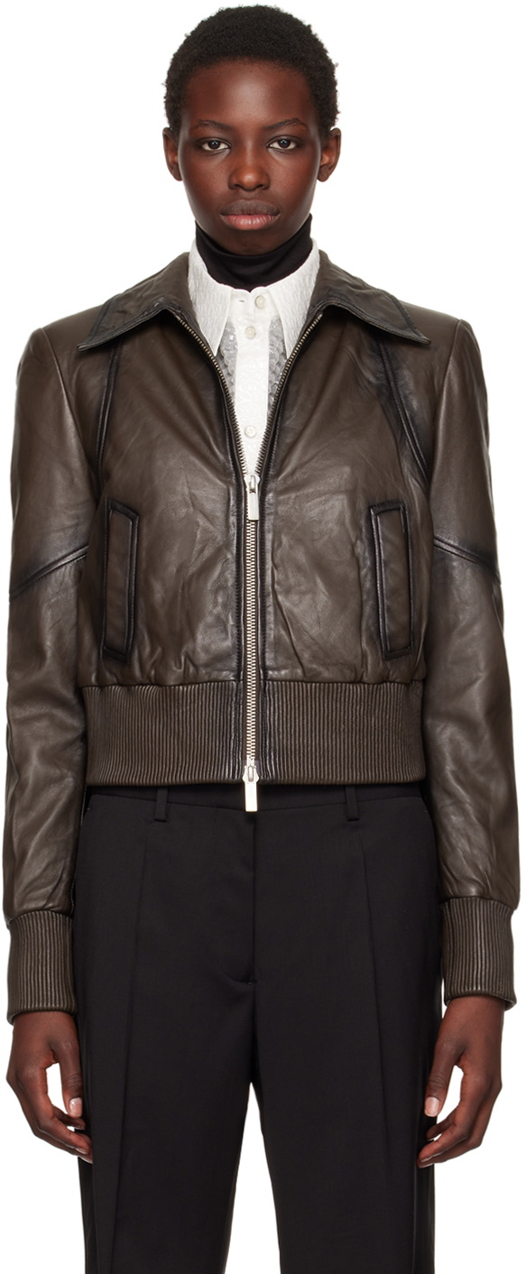 REMAIN Birger Christensen Brown Short Leather Bomber Jacket