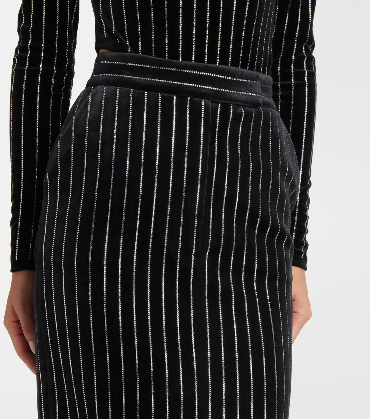 Alex Perry Column embellished pinstripe velvet maxi skirt