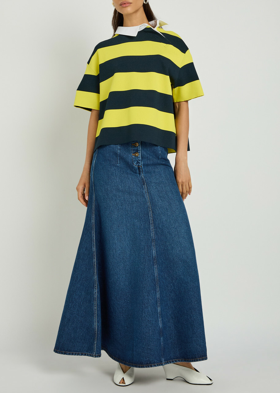 A.W.A.K.E Mode Cut-out Flared Denim Midi Skirt Blue