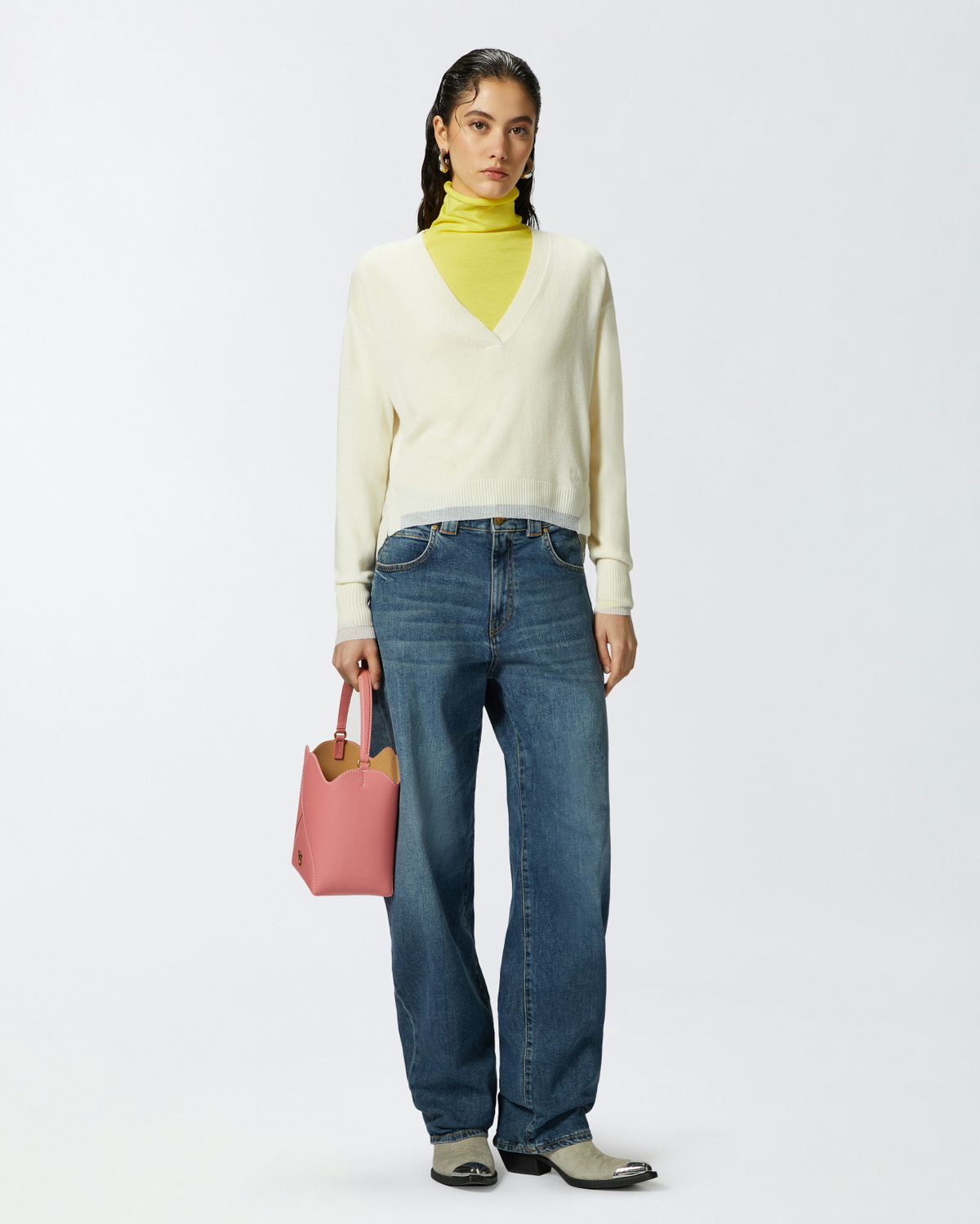 Women's V-neck Layered Pullover Sweater in Vail Grey with White