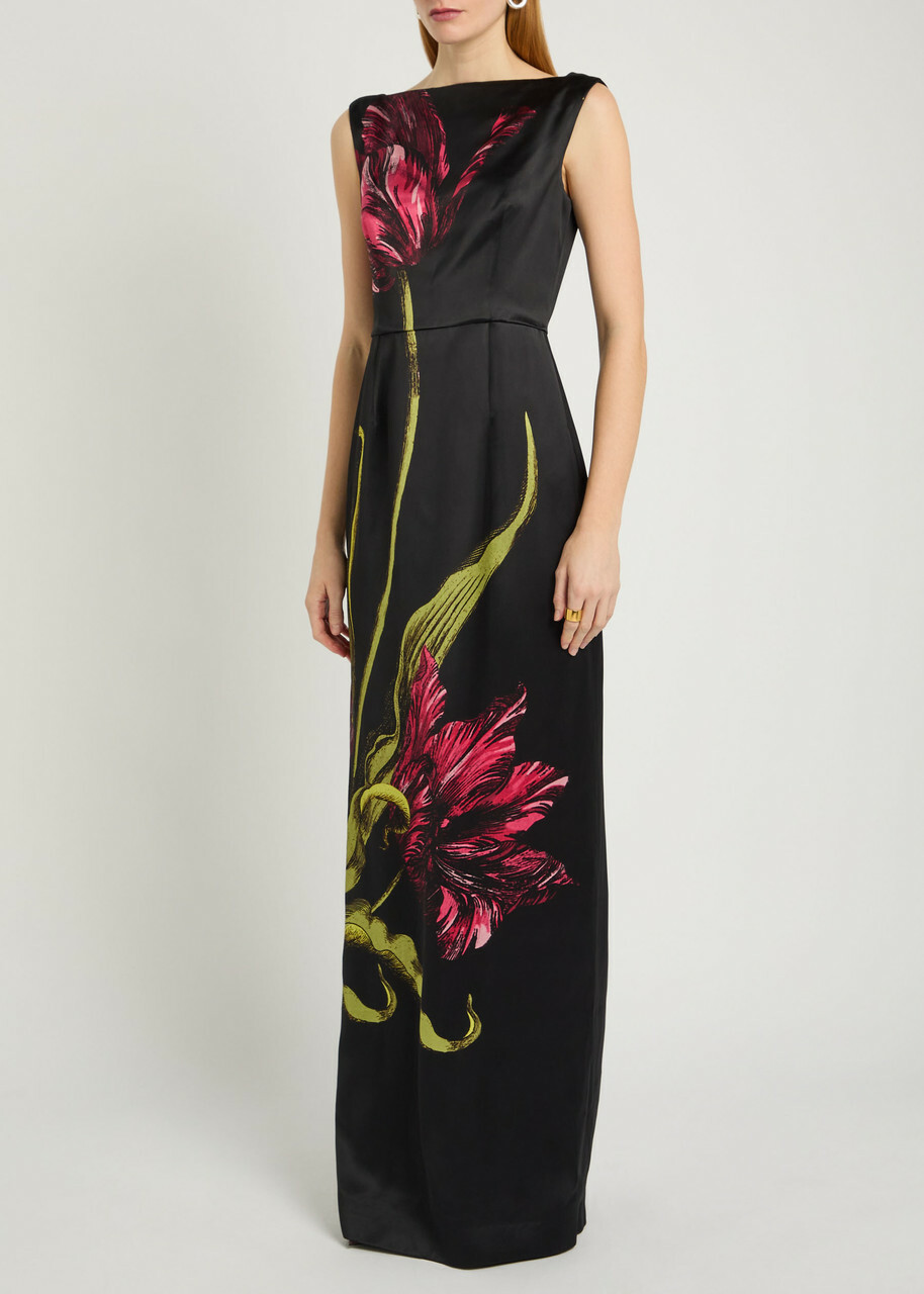 Erdem Floral Wide-neck Satin Gown Black