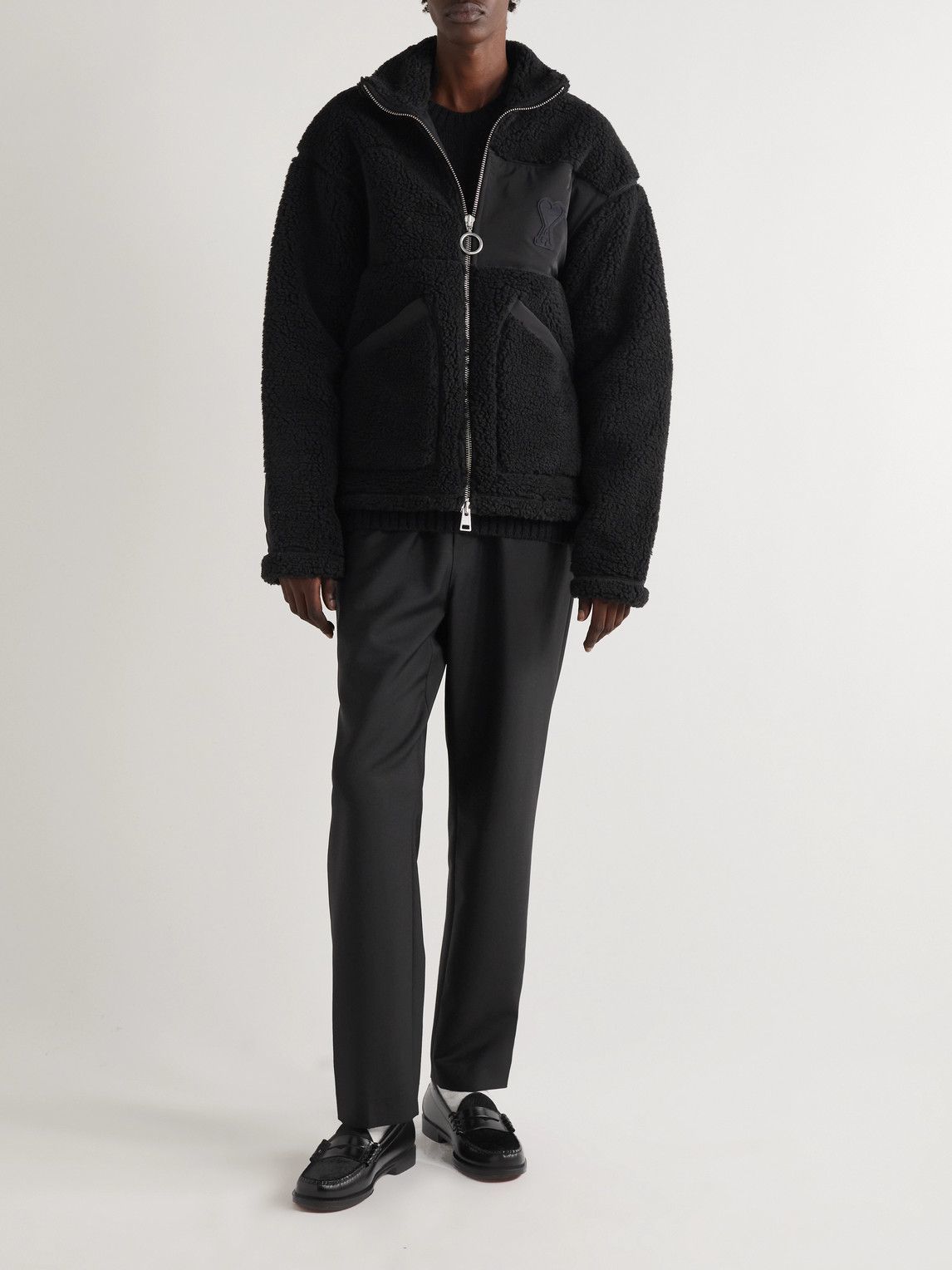 AMI PARIS - Logo-Appliquéd Shell-Trimmed Fleece Jacket AMI PARIS - Logo-Appliquéd Shell-Trimmed Fleece Jacket