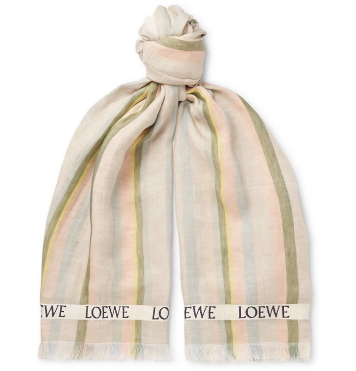 Photo: Loewe - Fringed Striped Linen and Silk-Blend Scarf - Neutrals