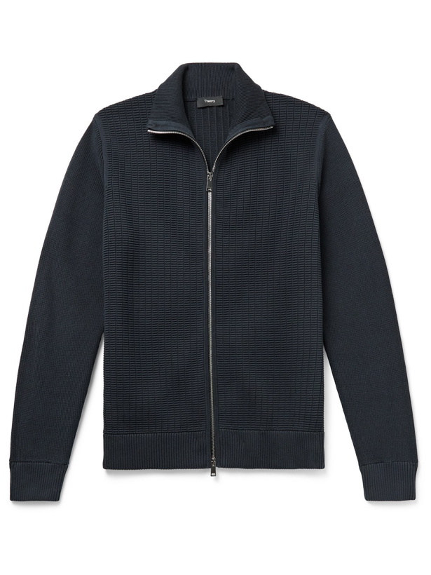 Photo: THEORY - Waffle-Knit Organic Cotton-Blend Zip-Up Cardigan - Blue