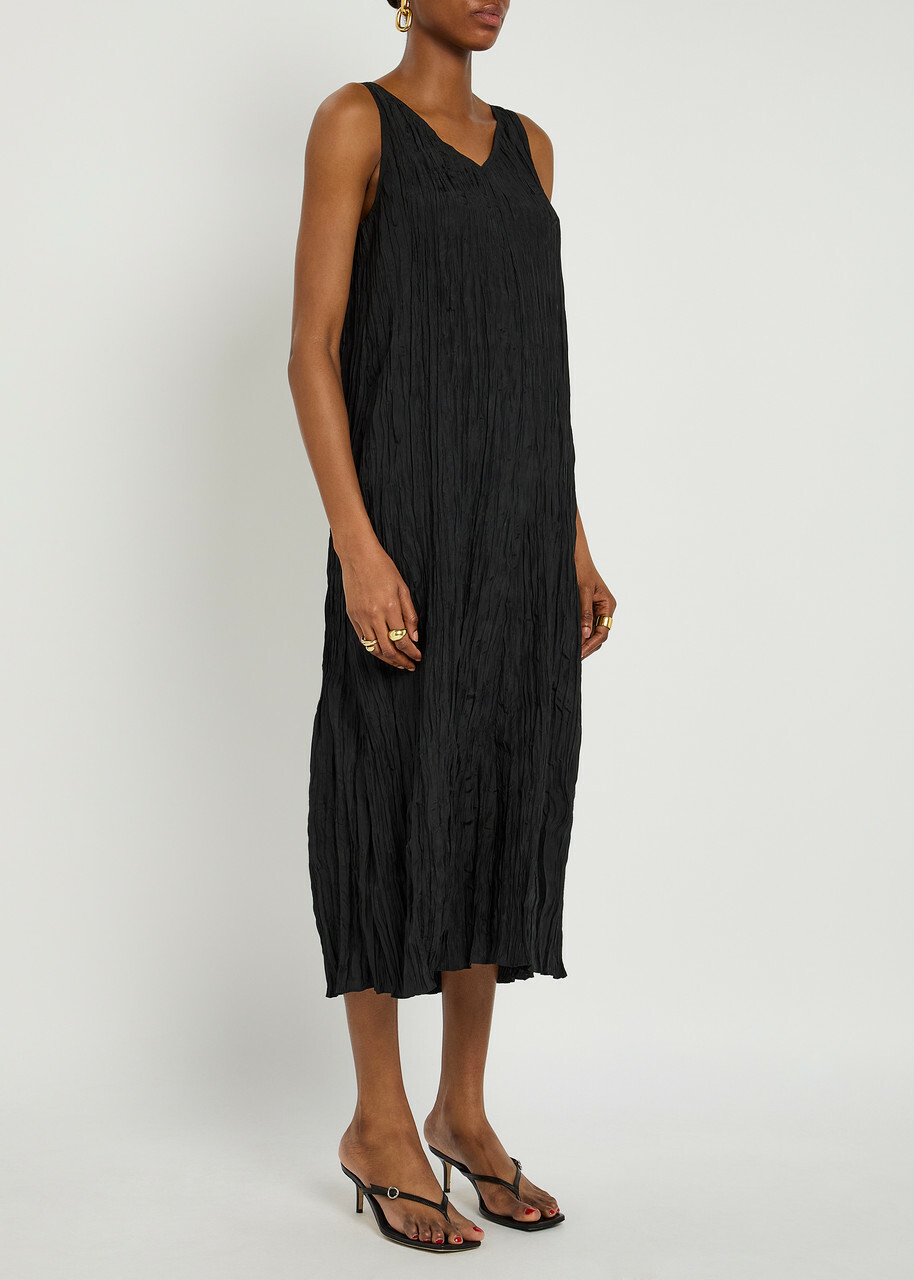 Eileen Fisher Crinkled Pliss Silk Midi Dress Black EILEEN FISHER