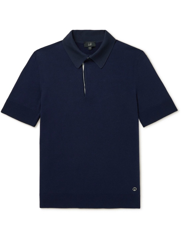 Photo: DUNHILL - Logo-Appliquéd Mulberry Silk-Trimmed Cotton Polo Shirt - Blue