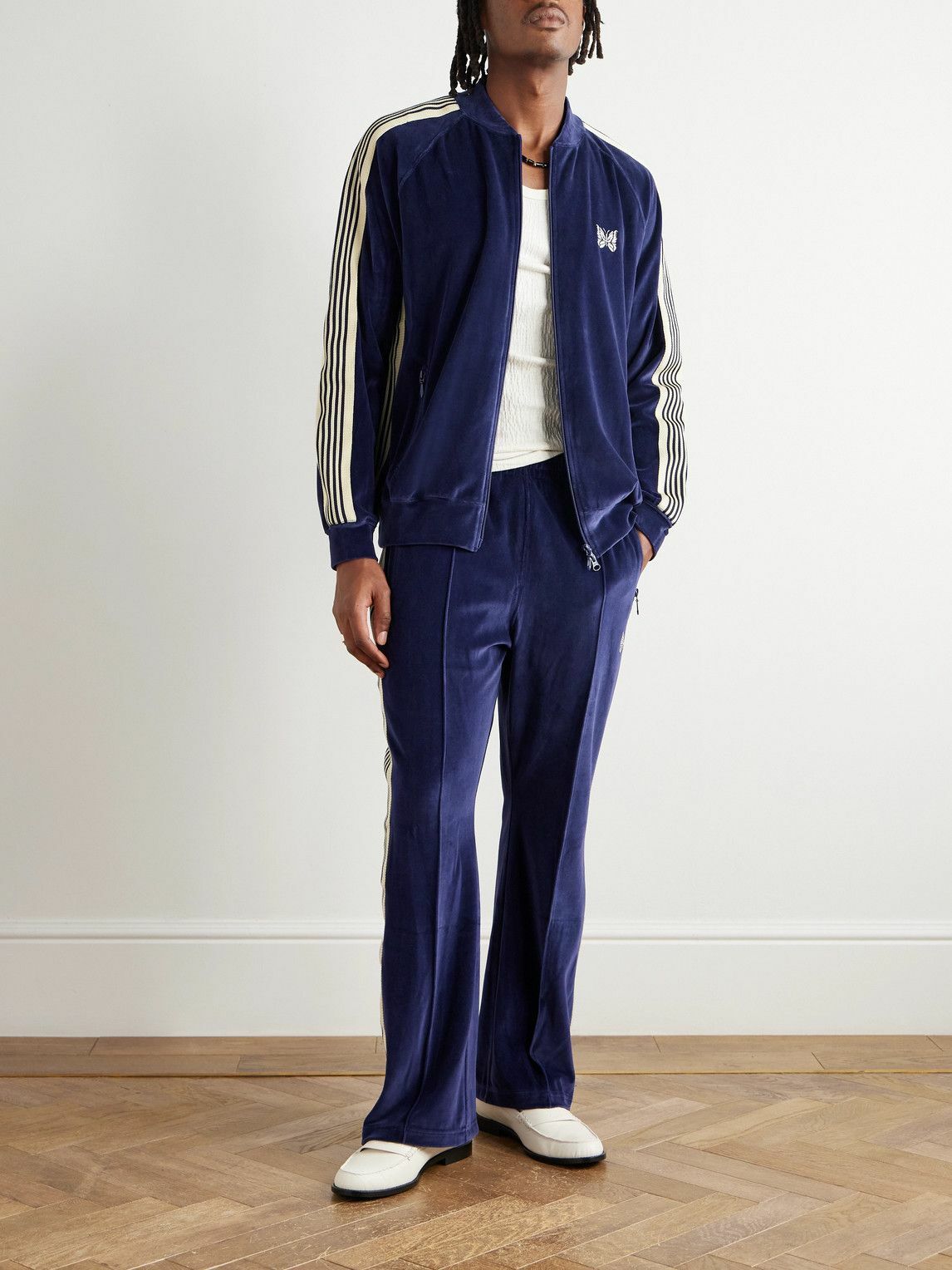 Needles - Logo-Embroidered Striped Cotton-Blend Velour Track Jacket - Blue