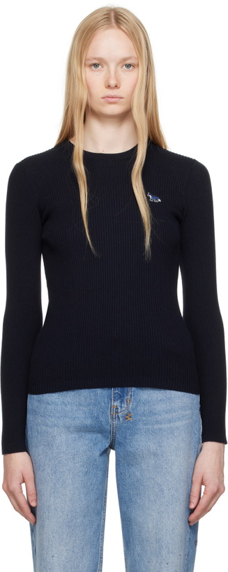 Photo: Maison Kitsuné Navy Baby Fox Patch Fine Ribbed Sweater
