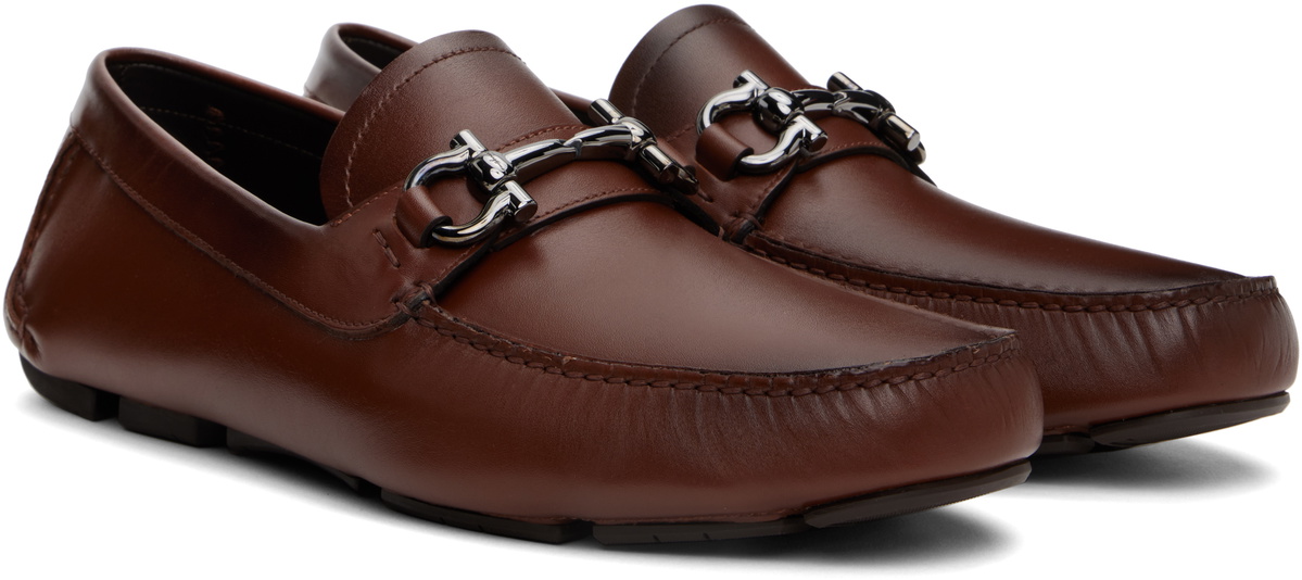 Salvatore Ferragamo Gancini Ornament Driver Loafers Brown Leather Ferragamo Brown Gancini Ornament Driver Loafers Salvatore  main image 4