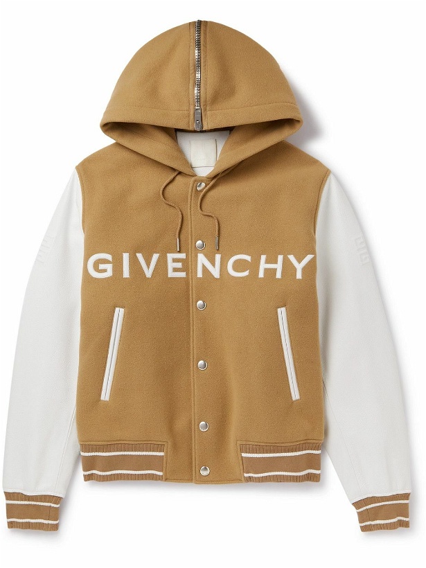 Photo: Givenchy - Logo-Appliquéd Wool-Blend and Leather Hooded Bomber Jacket - Neutrals