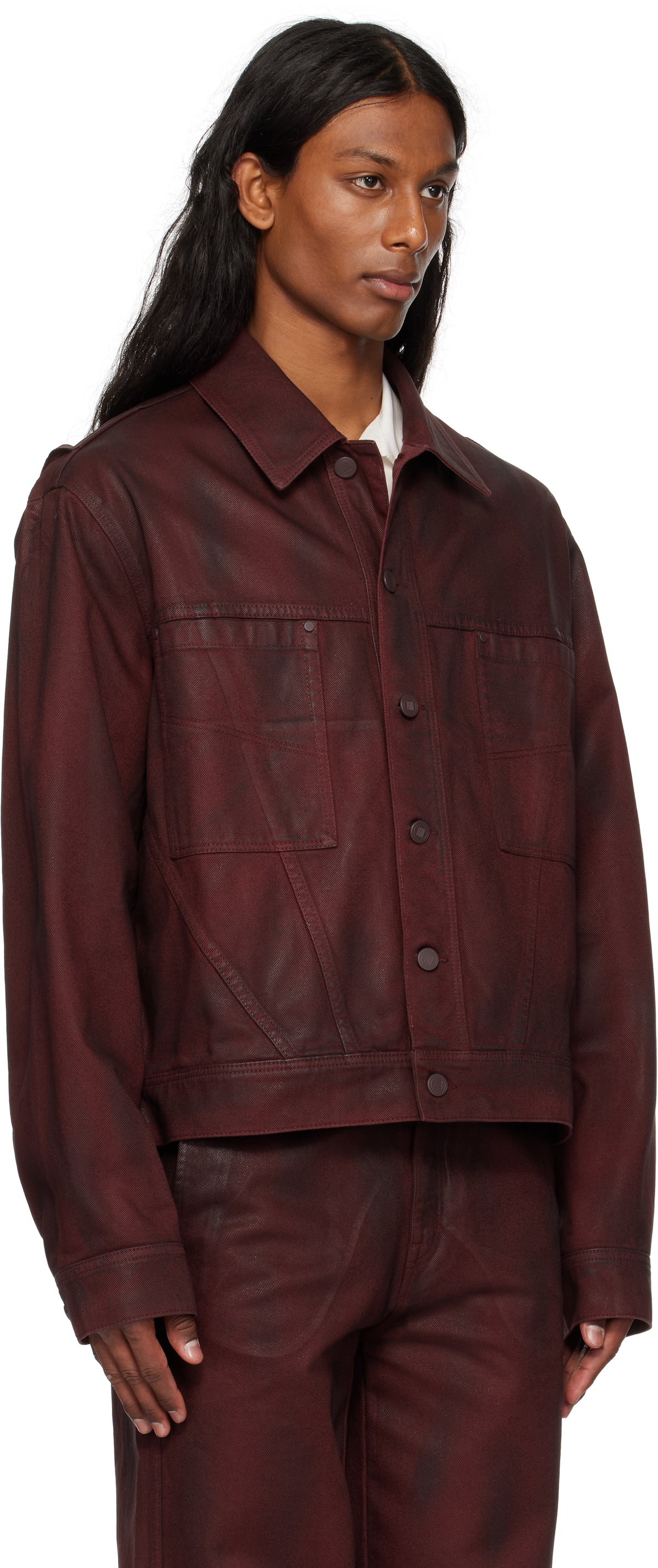 LGN Louis Gabriel Nouchi Burgundy Gloss Coated Workwear Denim Jacket