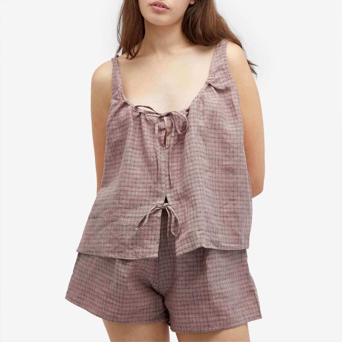 Deiji Studios Women's Open Linen Short Set in Musk Check