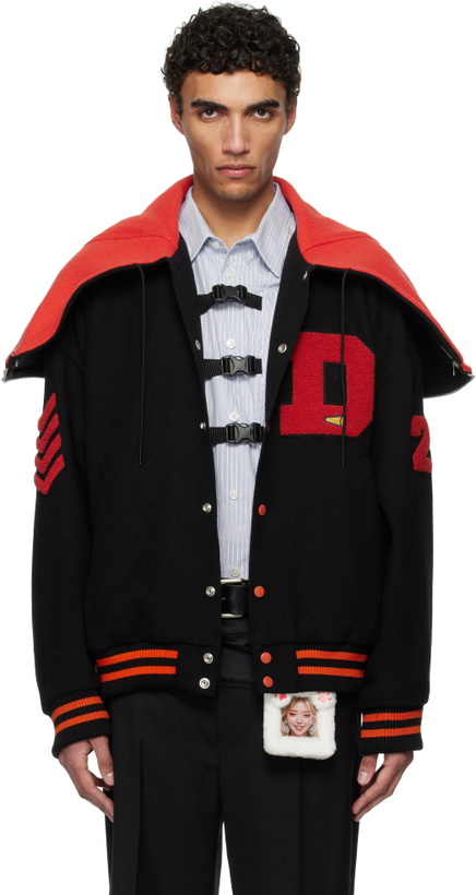 Photo: doublet Black & Red Petal Mouth Hood Varsity Bomber Jacket