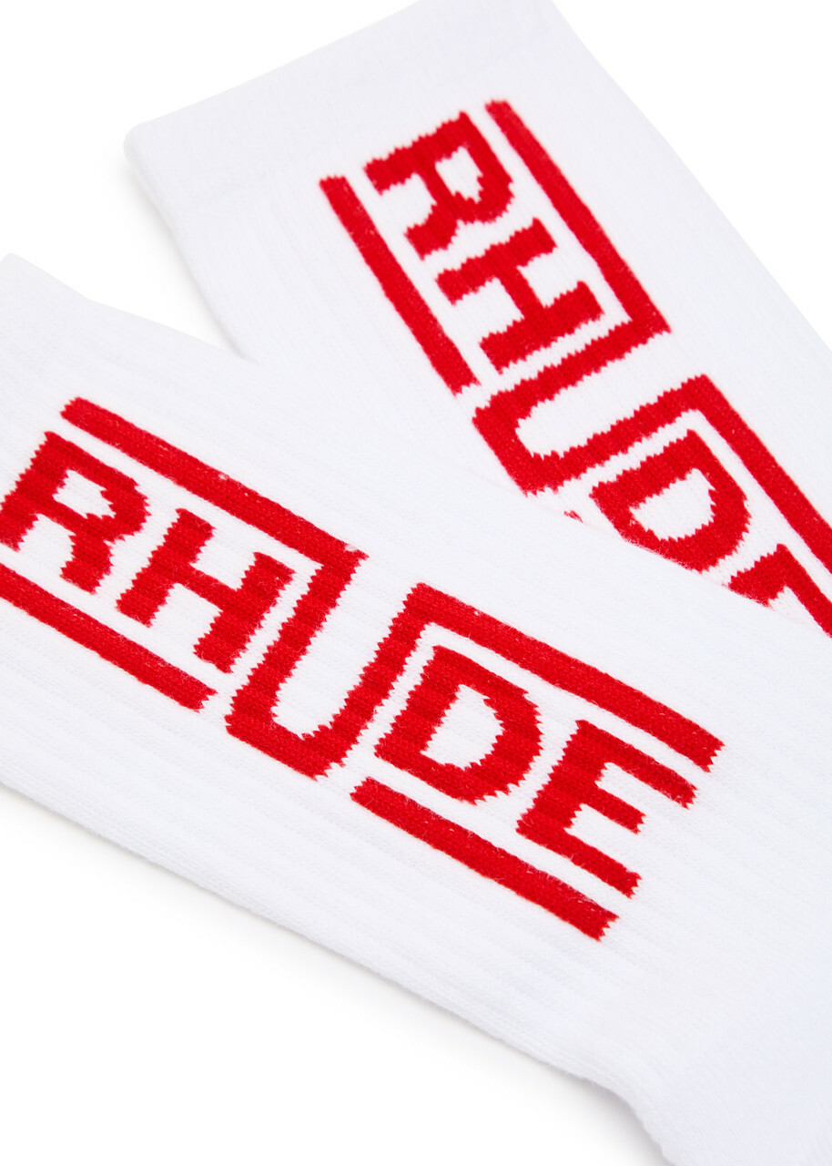 Rhude Champions Logo Stretch-cotton Socks - White And Red - One Size