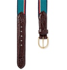 Noah - 3cm Teal Croc-Effect Leather-Trimmed Striped Webbing Belt - Blue