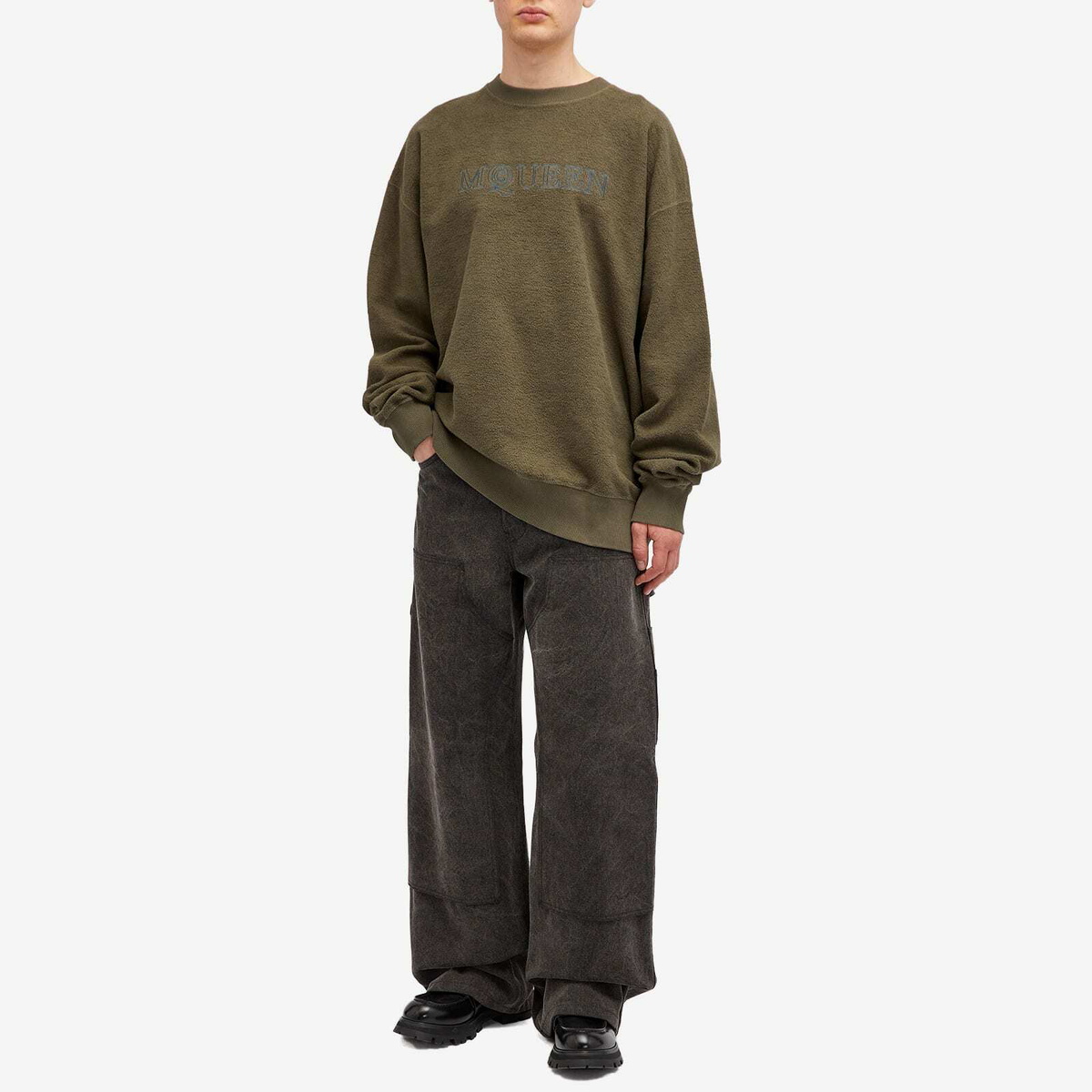 Alexander McQueen Men's Vintage Stonewash Logo Crew Sweatshirt in Peak Green Washed
