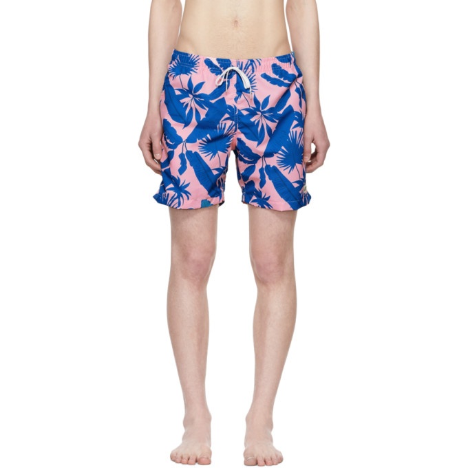 Photo: Bather Pink and Blue Tropical Palms Swim Shorts